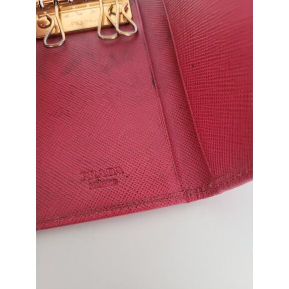 PRADA Leather Logo Wallet Small Pink Saffiano Compact Key Case Hooks Holder Bow - Picture 5 of 9